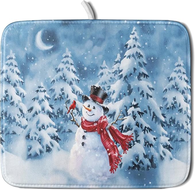 Blue Snowman Dish Drying Mat Winter Pine Tree Drainer Rack Mats 16x18 Inch by Giwawa