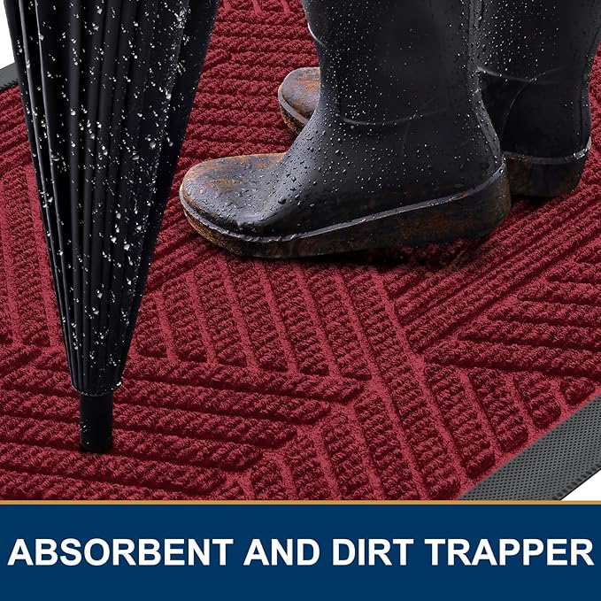 Smiry Front Door Mat Outside Entrance, Heavy Duty Sturdy Natural Rubber Doormat, Trap Dirt and Moisture, Easy Clean Low Profile Mats for Indoor Outdoor Entry, Irregular Triangle (47x24, Wine Red)