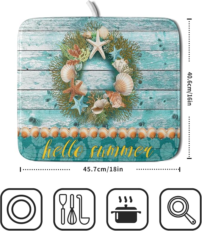 Coastal Wreath Dish Drying Mat 16x18 inch Starfish Shell Absorbent Microfiber - Image 2