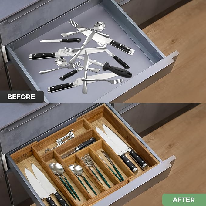 VaeFae Teak Drawer Organizer, Large Silverware Organizer, Expandable Utensil - Image 5