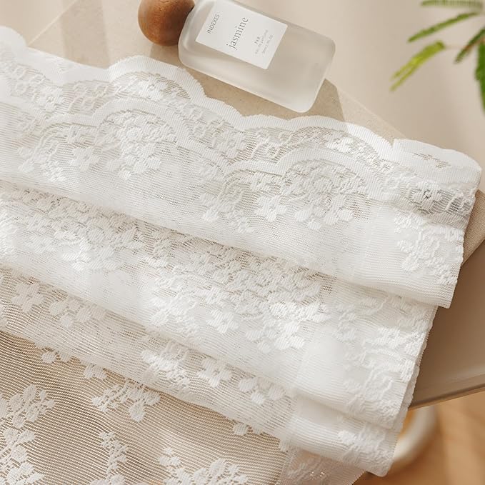Anmao Vintage White Lace Curtains 72 Inches Long 2 Panels Set, Romantic Elegant Light Filtering Semi Sheer Floral Thick Lacy Curtain Drapes for Living Room and Bedroom, Each Panel 55W x 72L, Off White