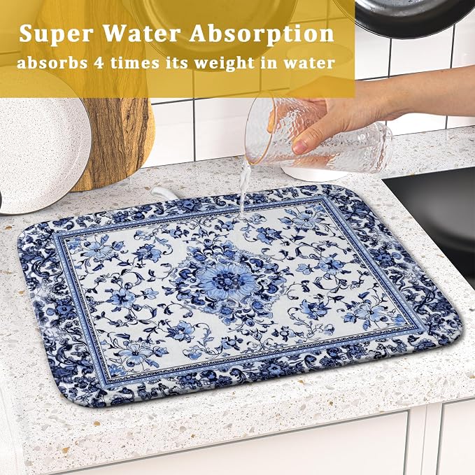 Boho Floral Dish Drying Mat 16x18 Inch Blue Leaves Kitchen Drying Pad - Image 7