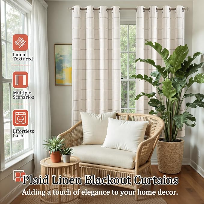 Linen Blackout Curtains 63 Inches Long for Bedroom - Boho Plaid Curtains Thermal Insulated, Pattern Printed Rustic Drapes Window Treatments for Farmhouse 52x63 Inch 2 Panels, Natural