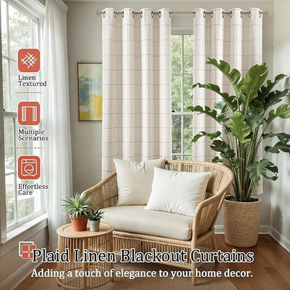 Linen Blackout Curtains 63 Inches Long for Bedroom - Boho Plaid Curtains Thermal Insulated, Pattern Printed Rustic Drapes Window Treatments for Farmhouse 52x63 Inch 2 Panels, Natural