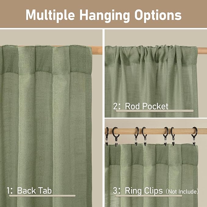 LAMIT Sage Green Linen Boho Curtains, 84 inch Length, 2 Panels, Light Filtering, Semi Sheer, Back Tab and Rod Pocket, Neutral Panels for Bedroom/Living Room, 34 x 84 Inch