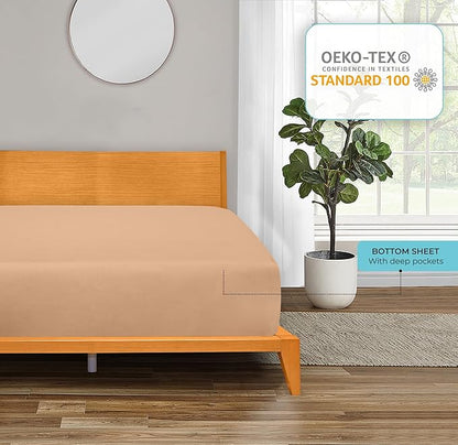 ROYALE LINENS 300 Thread Count 100% Long Staple Combed Cotton Fitted Sheet Queen - Super Soft Deep Pocket Bottom Sheet - Fitted Sheets Only - Elastic Sheets (Queen, Sand)