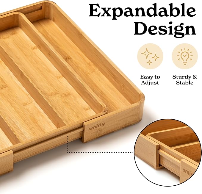 SMIRLY Silverware Drawer Organizer – Bamboo Kitchen Drawer Organizer, - Image 4