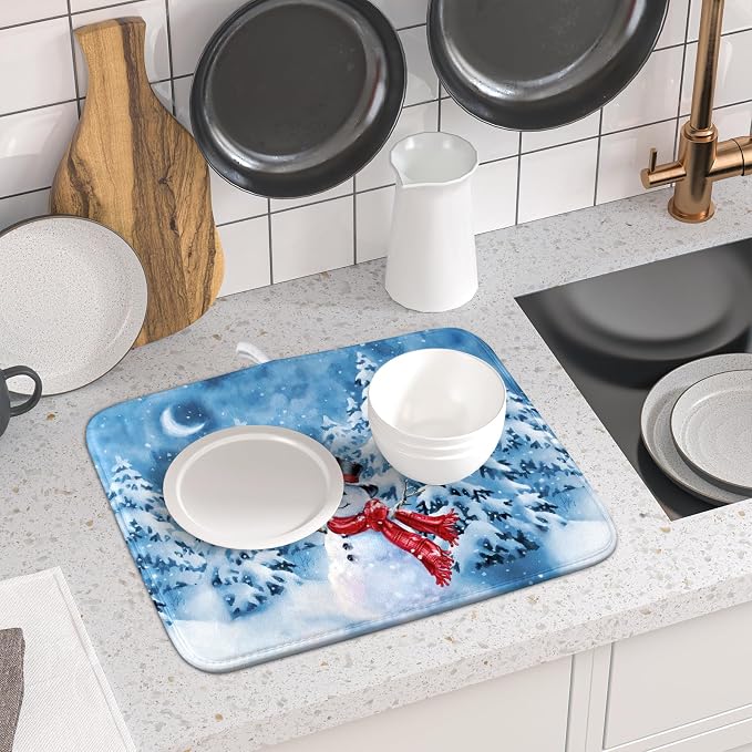 Blue Snowman Dish Drying Mat Winter Pine Tree Drainer Rack Mats 16x18 Inch - Image 6