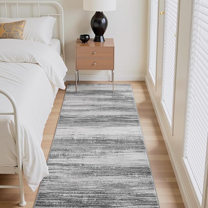 PADOOR Modern Abstract Runner Rug - 2x10 Washable Hallway Rugs, Ultra Soft Non-Slip Low Pile Floor Rugs for Hallway Entryway Kitchen Bedroom Bedside Laundry Room Black