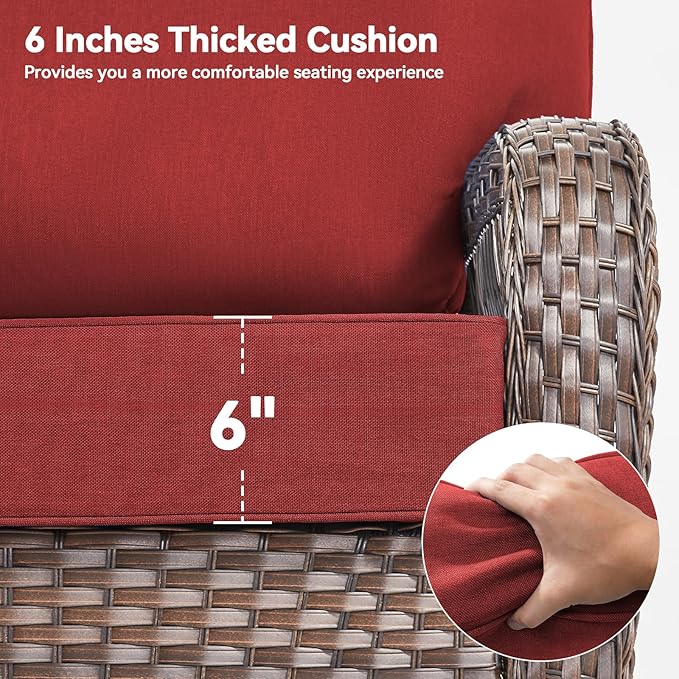 Luxury 6" Outdoor Cushions for Patio Furniture, 24x24x6" Thick Seat Cushion Set of 7, Fade Resistant Couch Chair Replacement Cushions High Density Deep Wicker Chair Cushion w/ Removable Cover, Red