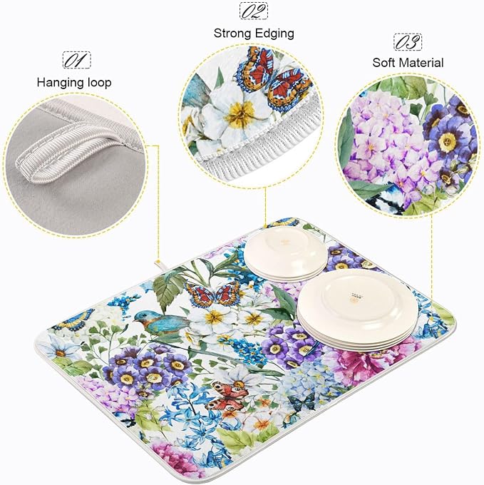 Floral Birds Dish Drying Mat for Kitchen Spring Globe Daisy Butterfly Flowers - Image 4