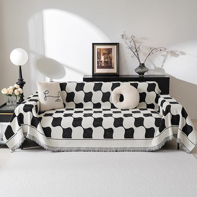 MEETSKY Sofa Covers Single Couch Cover for Dogs, Modern Jacquard Chenille Sofa Slipcover Loveseat Futon Cover, Pet Couch Cover Washable Sofa slipcover, 71" x 102", Black Checkerboard