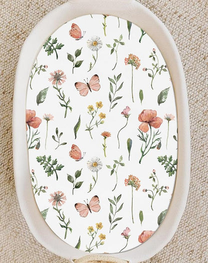 Bassinet Sheets for Baby Girls Boys 2 Pack, Fitted Baby Mattress Sheet for Rectangle, Oval, Hourglass Bassinet Mattress, Breathable Cozy & Universal Fit (Butterfly Garden)