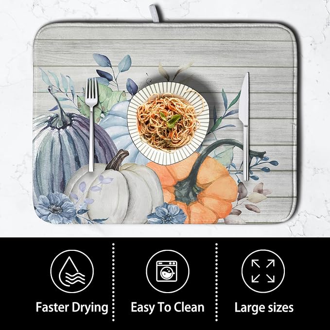 Fall Blue Orange Grey Pumpkin Kitchen Dish Drying Mat - Image 4