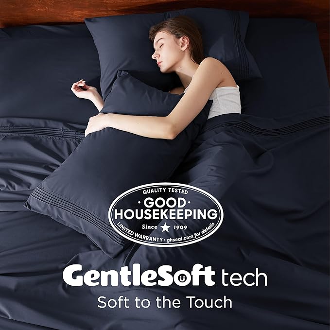 Bedsure Deep Pocket King Sheet Set - Fits Mattresses Up to 21 Inches Thick - 4 Piece GentleSoft Bed Sheets, Moisture Wicking, Soft & Cooling Bedsheet & Pillowcases, Easy & Secure Fit, Navy