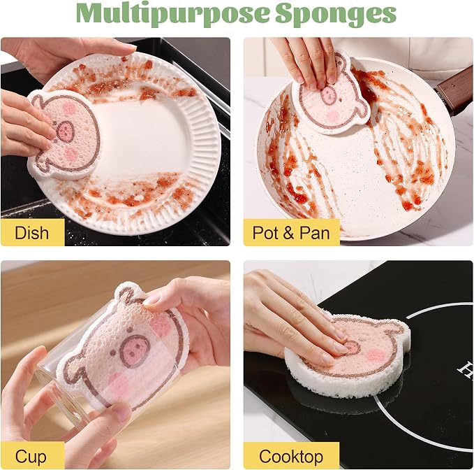JOYMOOP Kitchen Sponge for Washing Dishes, 4 Pack Cartoon Cellulose Sponges for - Image 4