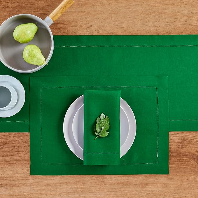 Solino Home Linen Table Runner 60 Inches - 100% Pure Linen Garden Green Hemstitch Table Runner 14 x 60 Inch Ideal for Dresser and Coffee Tables - Classic Hemstitch - Christmas, Winter, New Year