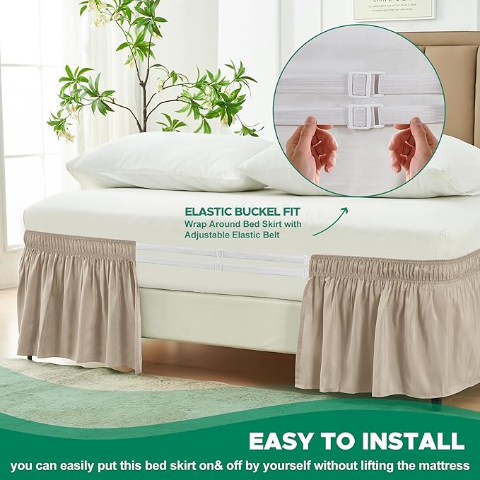 Biscaynebay Wrap Around Bed Skirts for King & Cal King Beds 18" Long Drop, Light Camel Elastic Dust Ruffles Easy Fit Wrinkle & Fade Resistant Silky Luxurious Fabric Solid Machine Washable
