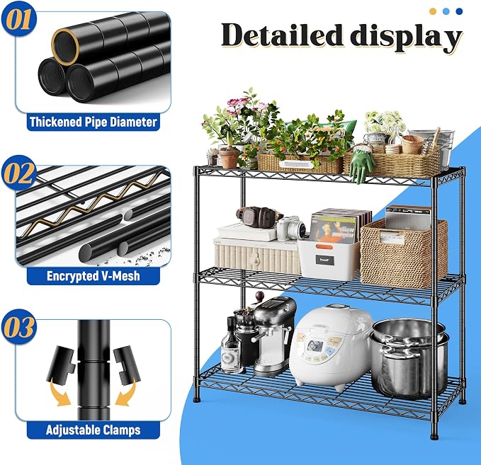 3- Shelf Metal Shelving Unit 35.6Wx14Dx36H Adjustable Storage Shelves Heavy - Image 8