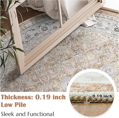 jinchan Round Rug 4ft Washable Circle Soft Rug - Low Pile Vintage 4'Round Indoor Orange Floral Print Stain Resistant Boho Carpet Ultra-Thin Non-Slip for Entryway Nursery Bedroom Dining Room Kitchen