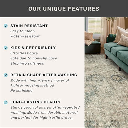 Washable Moss Green 9x12 Rug for Living Room -Modern Large Rug for Bedroom, Dining Room Under Table, Non Slip &Soft Low Pile Farmhouse Carpet