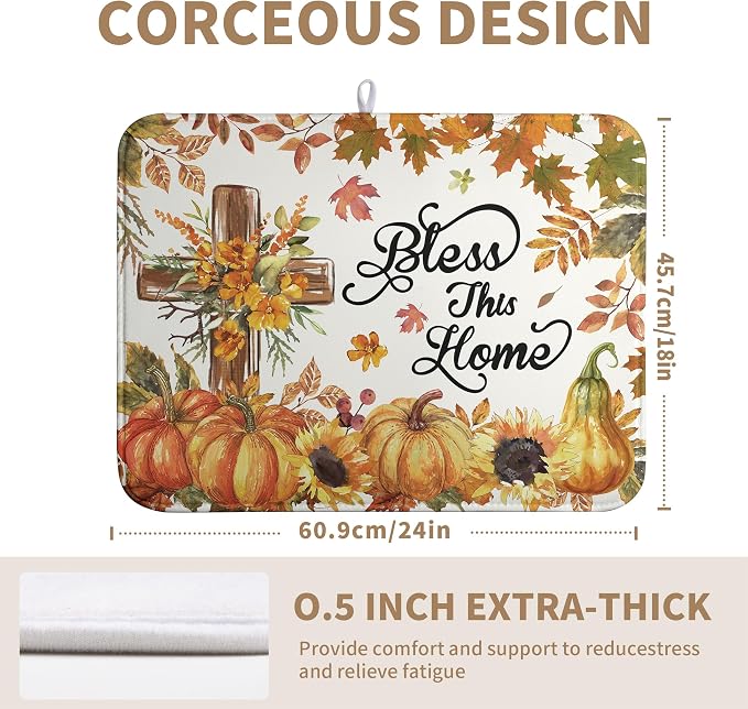 Fall Drying Mat for Kitchen Counter Autumn Thanksgiving Pumpkin Cross Dish Mat - Image 2