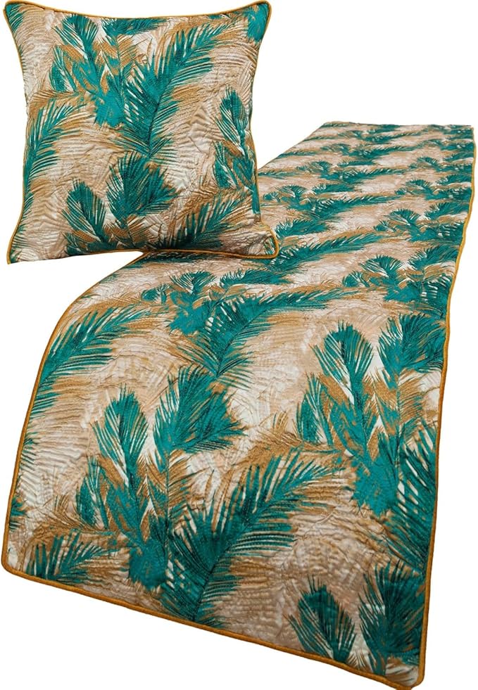 The HomeCentric King/Queen/Twin Green Decorative CA King 86"x18" Bed Runner with 2 Pillow Cover, Plam Leaves & Quilted Bed Scarf on Satin Fabric - Palms