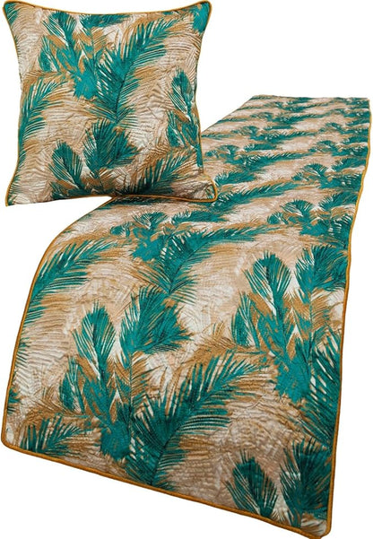The HomeCentric King/Queen/Twin Green Decorative CA King 86"x18" Bed Runner with 2 Pillow Cover, Plam Leaves & Quilted Bed Scarf on Satin Fabric - Palms
