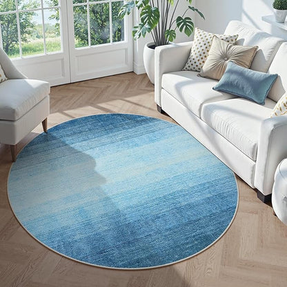 Wonnitar Modern Ombre Round Kids Rug 4ft, Washable Blue Bedroom Circle Area Rug, Non-Slip Soft Bathroom Throw Carpet, Non-Shedding Gradient Low Pile Kids Rugs for Bedside Entry (Blue, Round 4ft)