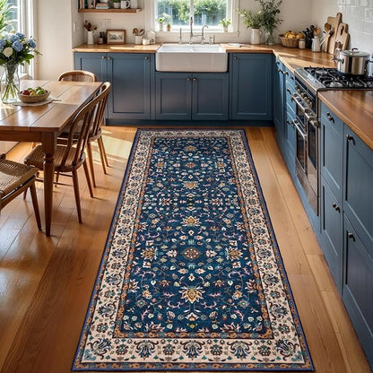 Tangspp Floral Washable Runner Rug, 2x5 Rug Runners for Hallways Non Slip, Vintage Boho Runner Rug for Entryway Indoor, Blue Print Carpet Runner, Soft Low Pile Runner for Kitchen Bedroom Navy Blue