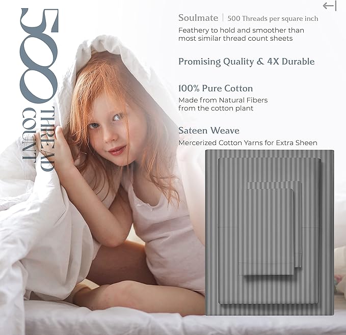 Mayfair Linen 100% Cotton Striped Sheets Queen Size Bed Set - 500 Thread Count Damask Sheets Queen Size 4 PC Set (Dark Grey Stripe), Soft, Cooling, Sateen Weave Hotel-Quality 16" Deep Pocket Bedsheet