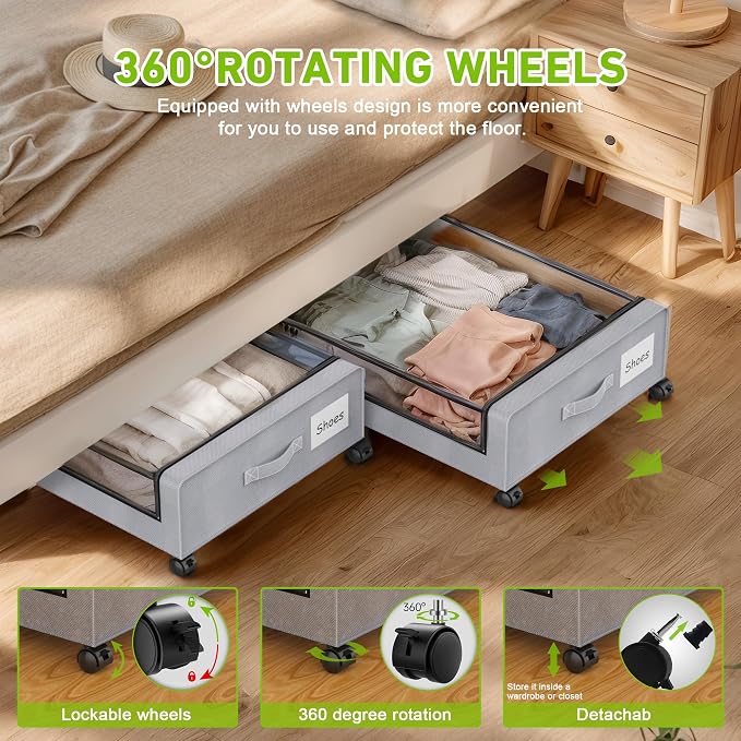 Under Bed Storage with Wheels, Underbed Storage Bins, XXL 60L Rolling Metal - Image 3
