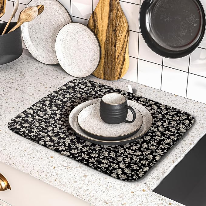 Floral Dish Drying Mat for Kitchen Counter 18x16 Inch Black Flower Drying Mat - Image 2