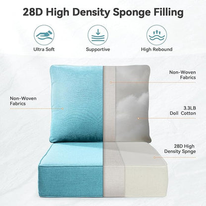 Luxury 6" Outdoor Cushions for Patio Furniture, 24x24x6" Thick Seat Cushion Set of 2, Fade Resistant Couch Chair Replacement Cushions High Density Deep Wicker Chair Cushion w/ Removable Cover, Teal
