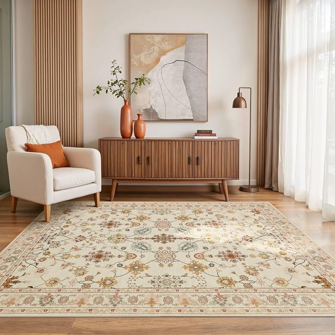 Floral Rug for Living Room Bedroom, 4x6 Washable Rug, Vintage Boho Area Rug by Rugxara