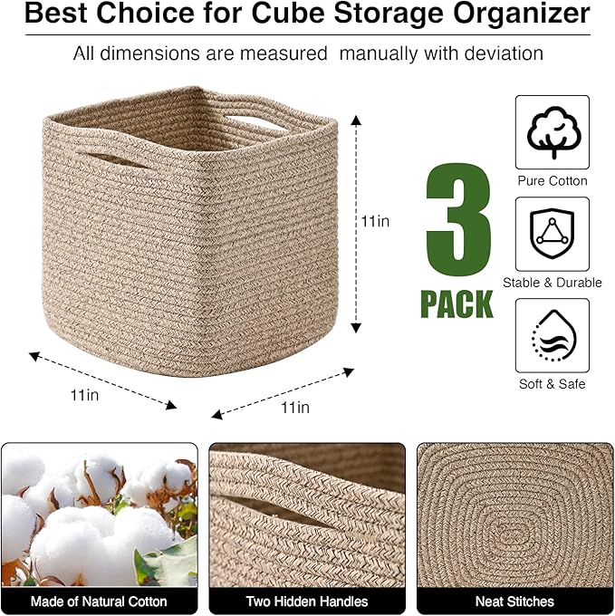 11 Inch Cube Storage Bins, Storage Cube Organizer Bins, Woven Cotton Rope - Image 3