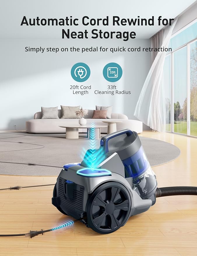1700W Canister Vacuum Cleaner, 32Kpa Bagless Vacuum Cleaner, 2 Anti-Allergen - Image 5