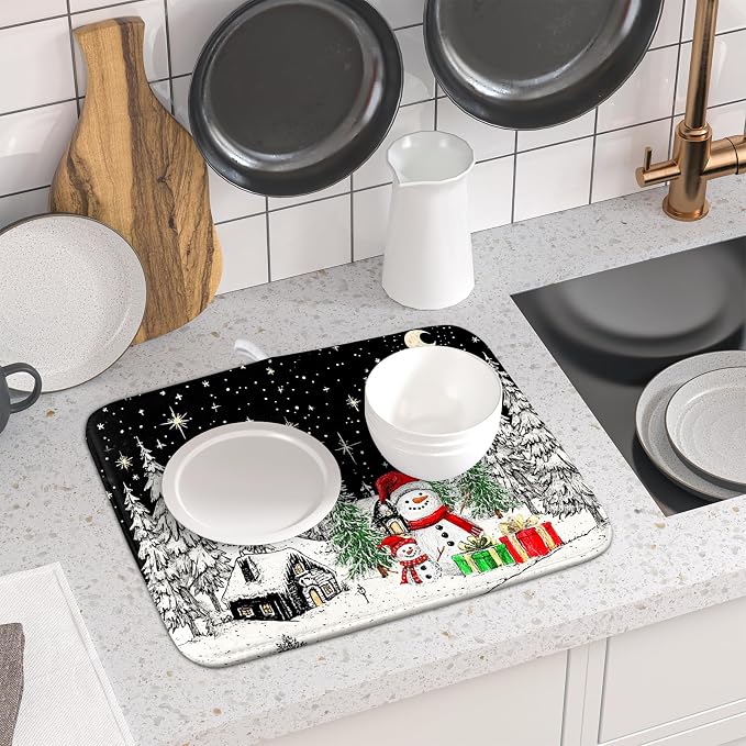Winter Snowman Dish Drying Mat 18 X 16 in Black Microfiber Dish Pad Absorbent - Image 6