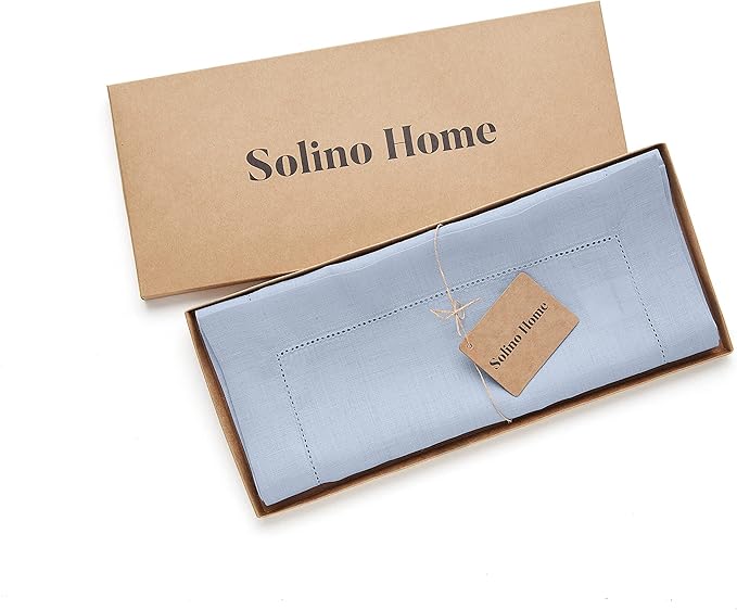 Solino Home Linen Sky Blue Table Runner 72 Inches Long - 100% Pure Linen Hemstitch Table Runner 14 x 72 Inch for Dresser, Dining, Holiday, Christmas, New Year - Classic Hemstitch