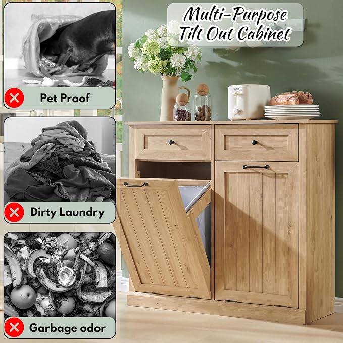 Double Tilt Out Laundry Hamper Cabinet, 20 Gallon Farmhouse Trash Can Cabinet - Image 4