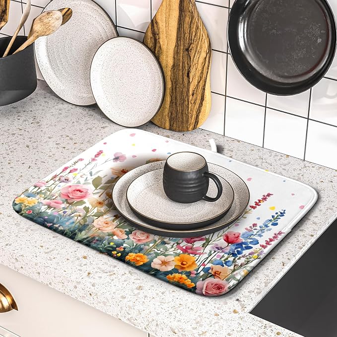 Colorful Flower Dish Drying Mat 16x18 Inch Botanical Floral Drainer Rack Mats - Image 5