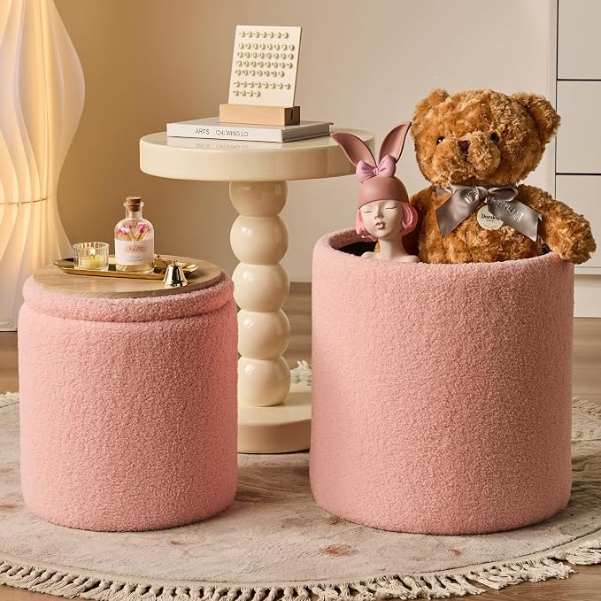 Round Ottoman with Storage Set of 2-Upholstered Sherpa Vanity Stool - Image 4