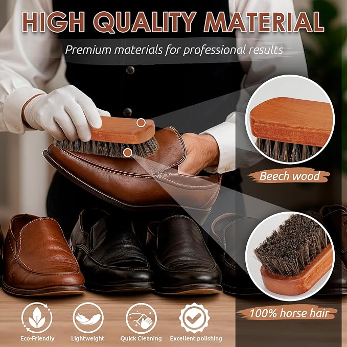 6.7" Horsehair Shoe Shine Brush Set of 2-100% Soft Genuine Horse Hair Bristles - Image 3