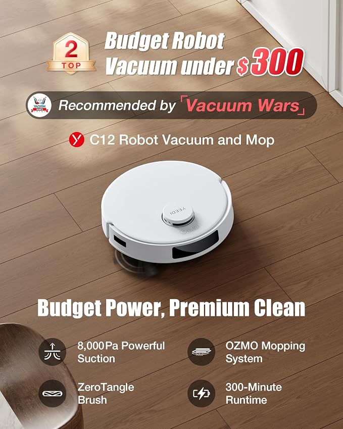 Yeedi C12 Robot Vacuum Cleaner and Mop, 8000Pa Strong Suction, ZeroTangle Brush - Image 2