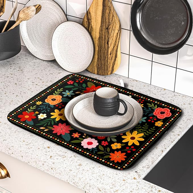 Boho Floral Dish Drying Mat 16x18 Inch Colorful Flower Dishes Dry Mats - Image 5