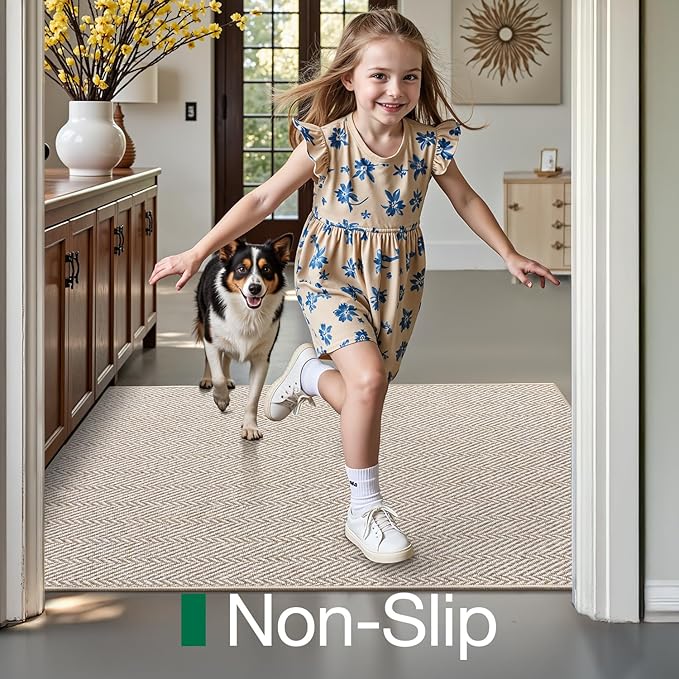 LUMI Ultra Thin Indoor Door Mat for Entrance 24"x36", Non Slip Entryway Mat, Low Profile Doormat, Unique Herringbone Design Carpet for Inside, Patio, Porch, Beige