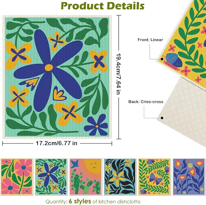 6 Packs Swedish Paper Cloths for Kitchen, Reusable Paper Towels Washable Dish - Image 2