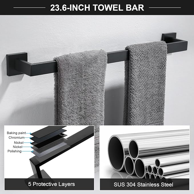 TQKAG 6-Piece Bathroom Towel Bar Sets Matte Black 23.6 inch Towel Bar Stainless - Image 2