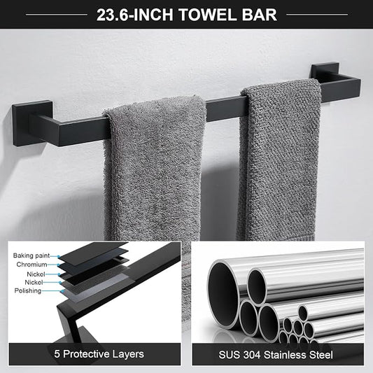 TQKAG 6-Piece Bathroom Towel Bar Sets Matte Black 23.6 inch Towel Bar Stainless - Image 2