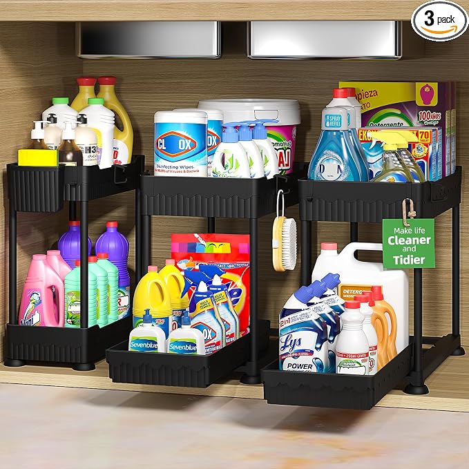 3 Pack Under Sink Organizers, 2-Tier Multi-Use Kitchen and Bathroom Organizers by Sevenblue